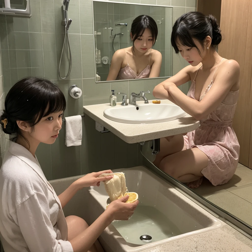Ostrich Club、Ryuhei Ueshima、hot water bath、Disliked funny face、About to be pushed、Illustrated style、Before taking a bath、Transparent bathtub