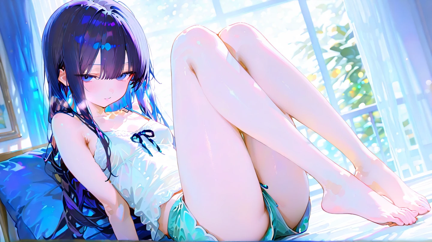Akane Kurokawa、Akane Kurokawa、light blue eyelashes、medium hair、side lock、 BREAK bedroom、BREAK while looking at the audience seats、Muscle growth、wrapping、sexy pose、Bewitching legs、solo、medium breasts、Light nightgown、transparent underwear、Charming、audience,、smile、solo、Lying down or、(blush:1.2)