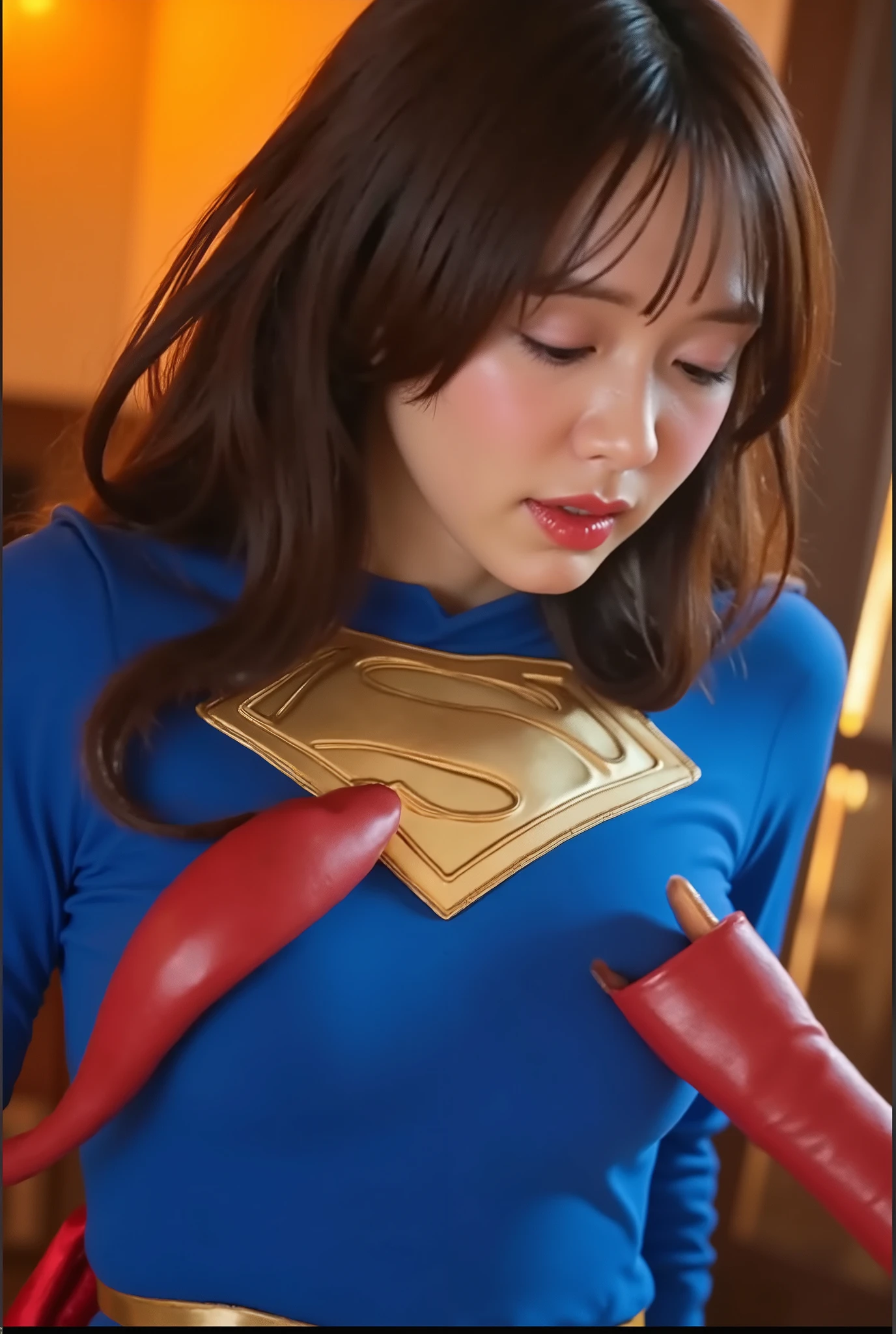 Mori Kasumi as supergirl、Mori Kasumi, a sexy and cute beauty with long brown hair, She is wearing long-sleeved blue tight-fitting clothes, In the chest "S" emblem、Gold trim on sleeves, short pleated red skirt with gold supergirl belt, tall red boots with gold trim , and a long red cape.
(Supergirl's chest is being touched by tentacles、tentacle、eyes closed、panting with open mouth 、ecstasy expressions by two muscular men)、