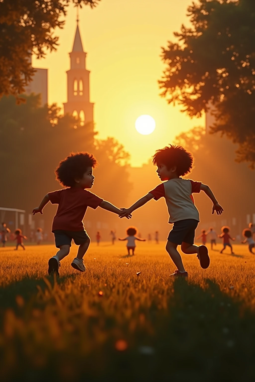 Two children play with a ball in a Provence alley. Bougainvilleas and lavenders planted in pots. Sunset behind. Style by David Hamilton.