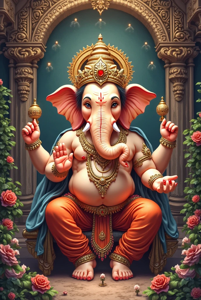 Ganesh Riding on a Mouse
"Ganesh, with his large belly, is riding on his small mouse (Mushak) in a night setting. The mouse looks a bit overwhelmed by Ganesh's weight but is still moving. The night sky is clear with a crescent moon visible. The background includes a peaceful village path lit by the soft glow of the moon."