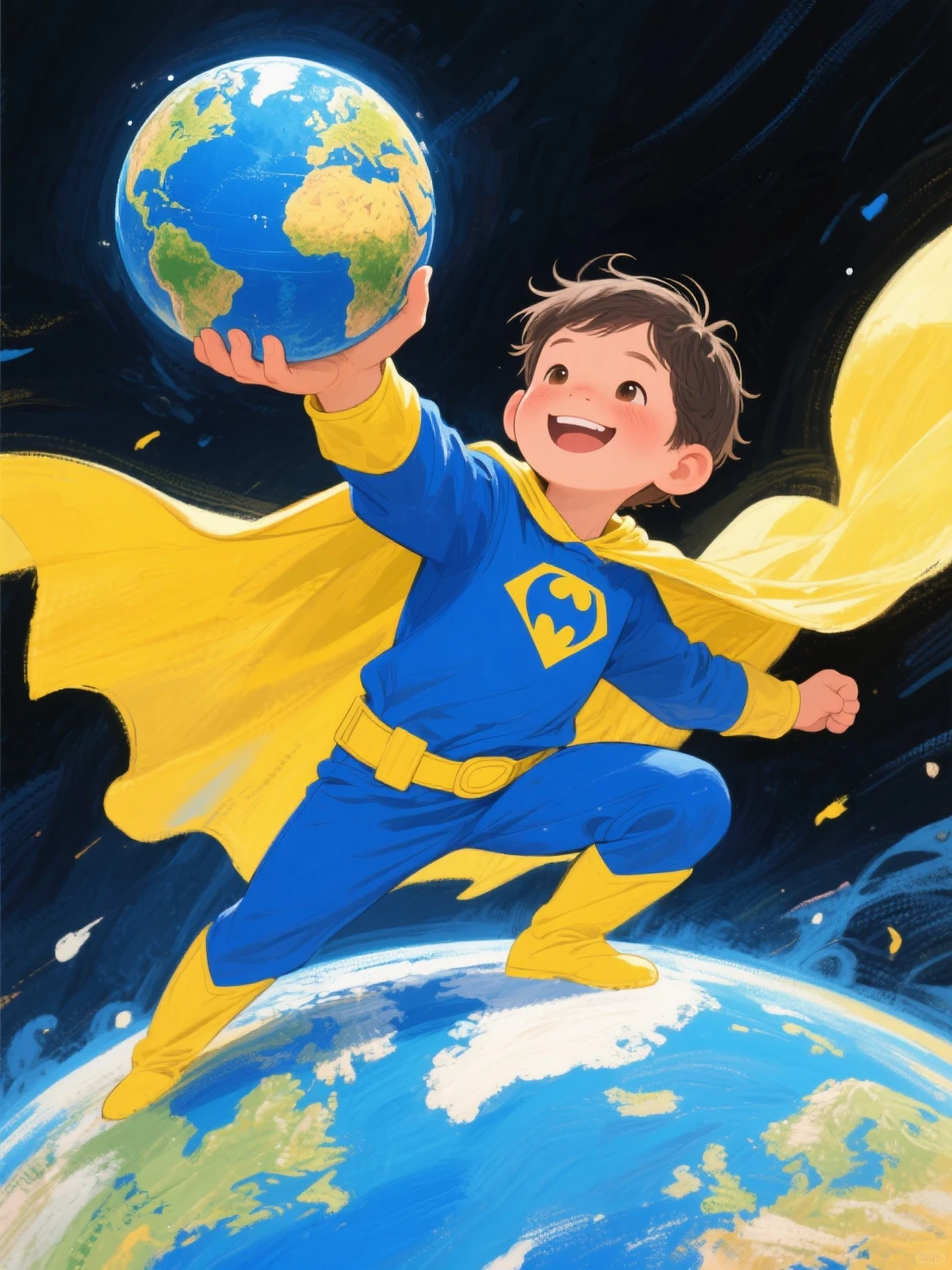 «»Embark on a heartwarming journey with an artistic image of a superhero drawn by a talented 3-year-old artist. The superhero is a delightful creation, exuding innocence and imagination. The character is a colorful amalgamation of childhood wonder, with a cape flowing gracefully behind them. Their outfit is adorned with a mix of bold shapes and vibrant hues, reflecting the unbridled creativity of a young mind. The superhero's superpower is left to the viewer's imagination, as they symbolize the limitless potential of a child's dreams. The background of the artwork showcases a sunny day with fluffy clouds and a whimsical landscape, reminiscent of a child's doodles. The drawing exhibits a charming mix of crayon strokes and finger-painted textures, capturing the purity of the young artist's vision. The camera shot type is a close-up, allowing viewers to appreciate the endearing details of the superhero's design. Camera lens: Bokeh for a dreamy and magical effect. Resolution: 4K to preserve the innocence and authenticity of the child's artwork.»»