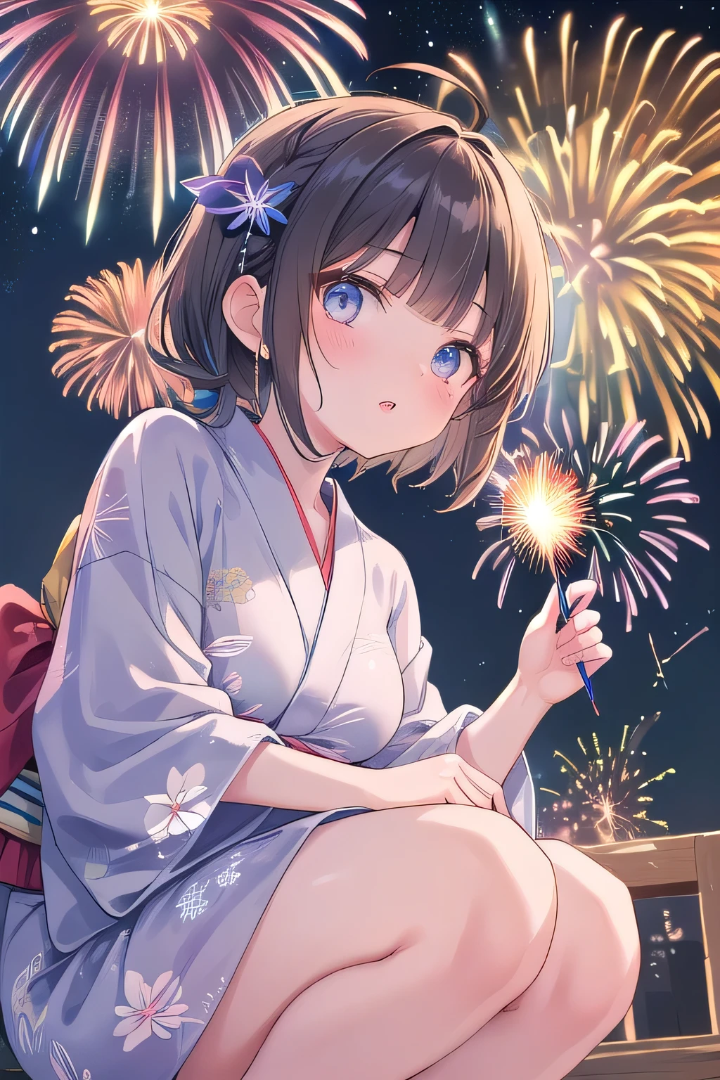 art:,(masterpiece),(Highest quality:1.2),((Perfect Anatomy)),((Yukata outfit)),(1 Girl),(Small breasts),Highest quality,Light brown hair in a ponytail,Blunt bangs,(From the side),(Glancing sideways),Beautiful and elegant blue eyes,I saw the fireworks,Lots of fireworks,Dreamy and happy atmosphere,Pastel Tones,Dramatic lighting,Captivating smile