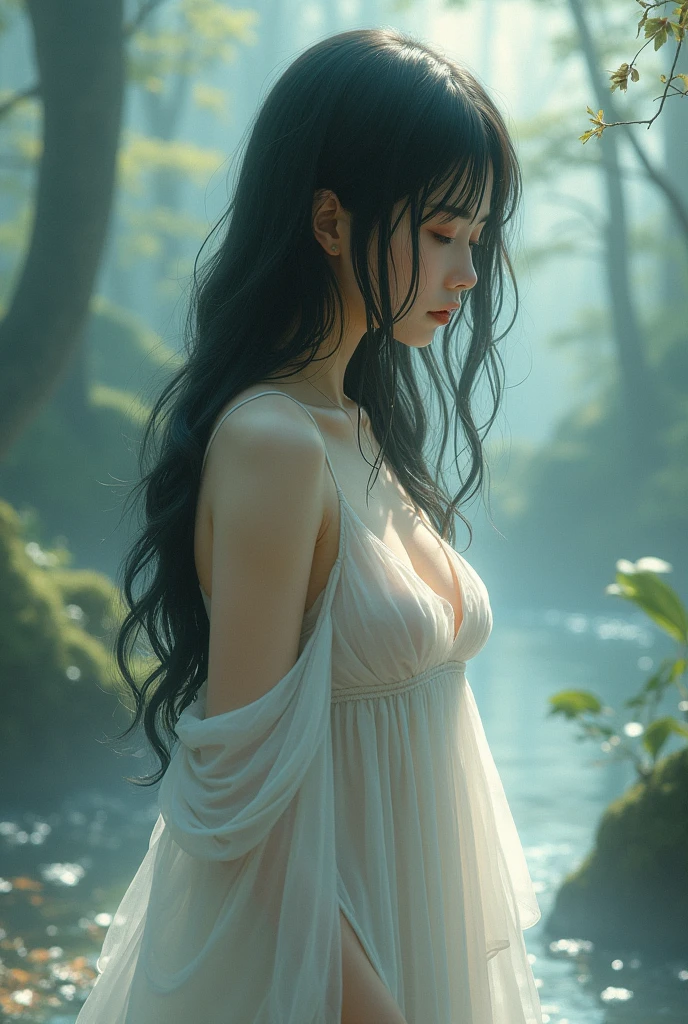 masterpiece:1.2、high resolution、High definition、Girl walking on water、whole body、Limbs、belly button、Thighs、knees、Ripples under your feet、One Girl、Cute face、Beautiful Face、Bright Face、Gravure idol、whole body:1.3、Mysterious naked、Mysterious Forest、Deep fog with white smoky background、White mist enveloping the body、Fantastic lagoon、Light source from behind、Backlight、Shade with soft lighting、Hair swaying in the wind、Mysterious naked body floating in the fog、Beautiful girl walking here