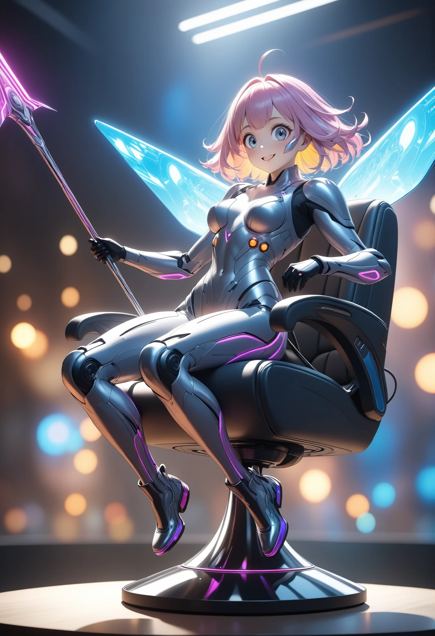 High Quality, 4K, 8K, Superb Realism, Extremely Fine, Photorealistic, Photo shoot, high resolution, Physically Based Rendering, Clear Focus, Studio Lighting, vivid colors, bokeh, 
Anthropomorphic Smartphone, Cyber Warrior "hzkchin", Sitting on a chair that looks like a charger, That's a high-flying car laugh, 
BREAK Thin, flat, smartphone-shaped body, very big eyes, Elaborate Retro Cyber Gimmick, Hold an elongated rapier to the sky like an antenna, 
 elaborate design , Soulful Expression, Natural Gestures , Metallic, Futuristic texture, abstract background, fantastic atmosphere, Mysterious Light