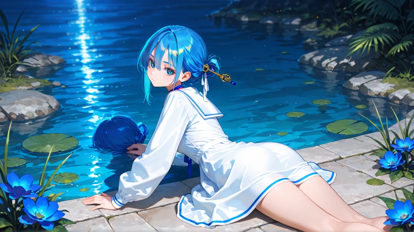 Adorable white-haired cat girl（HUD’s two-dimensional face）,Wearing light blue shortarting(yellow smoke)，hold ass stupor ，Lie down，Underwater painting style: pixiv search "#fart" and pixiv search "#farting" Work reference