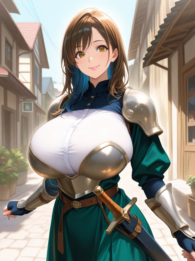 (best quality:0.8) perfect anime illustration, a pretty, happy woman with short curly brown hair on the street in the city, wearing armor, skirt ((huge tits)) ((sexy))