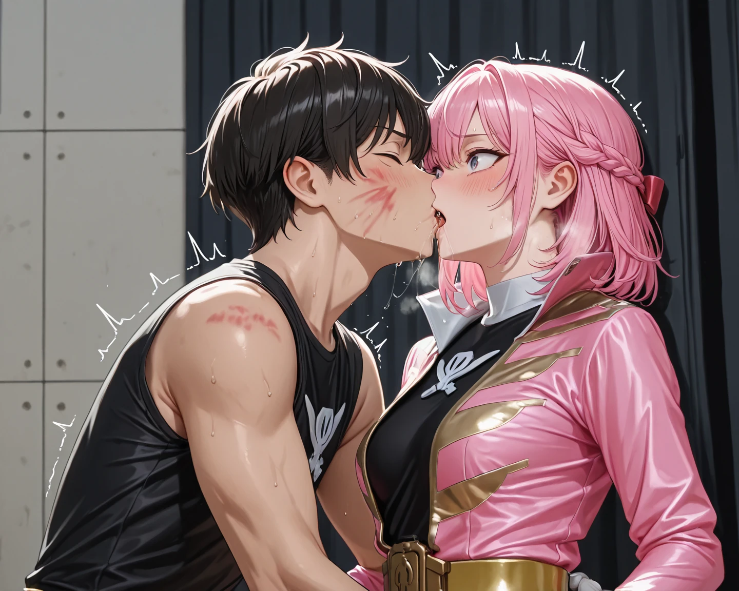 1boy, 1girl, closed eyes, collared shirt, cum, cum on tongue, erection, hetero, jacket lift, licking penis, mole, mole under eye, open mouth, oral, penis, shirt, short hair, sitting, skirt, solo focus, tongue, tongue out,,(fellatio, oral, licking_penis:1.4),(veiny penis:1.1),looking at viewer,(big breast:1.5),(dark dungeon 1.5),bracelet,armlet,shoulder armor,異性愛