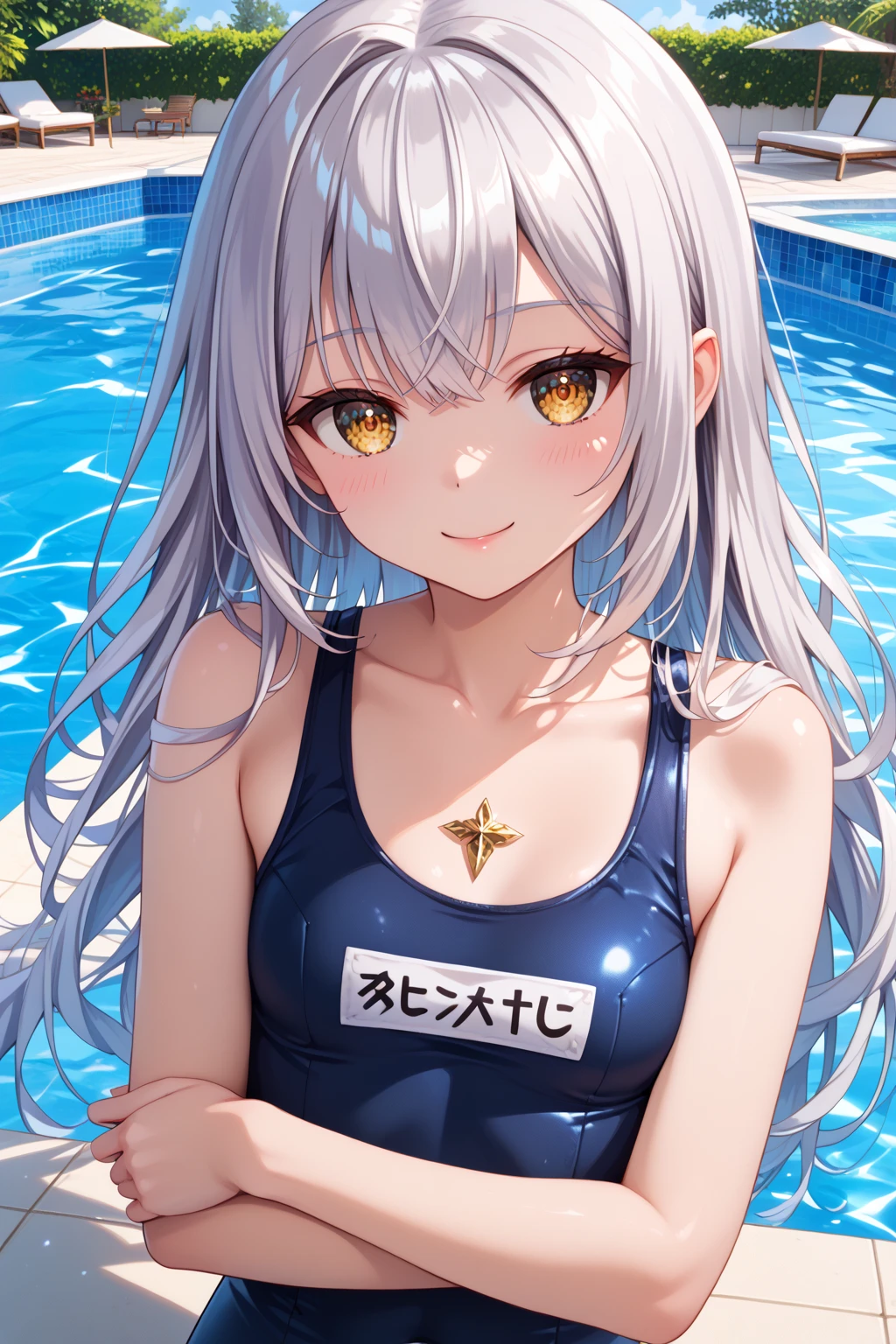 NSFW,1 beauty, (Light Purple Eyeshadow),platinum-blonde-hair, thick body、thick neck、broad shoulders、Smaller face、((tiny chest、pointed chest、Drops falling from the tip of the chest)), Watery Big Eyes,Beautiful constriction,teeth protrude slightly,Shy smile,long eyelasher,Blushlush, in poolside, Wet whole body, ((Sparkling Light Gold Bikini Swimsuit:1.2)),(Long hair wet and disheveled,:1.4),bustshot,Dynamic Angle Zoom, Perfect fingers, Large jets of water emanating from the front,(Heavy sweat on the face:1.2), Splattering splashes shine:2, fine splashes on the body,Put your hair over your ears, High-speed camera:1.2、facefocus、Leaning forward heavily、Platinum Necklace and Earrings