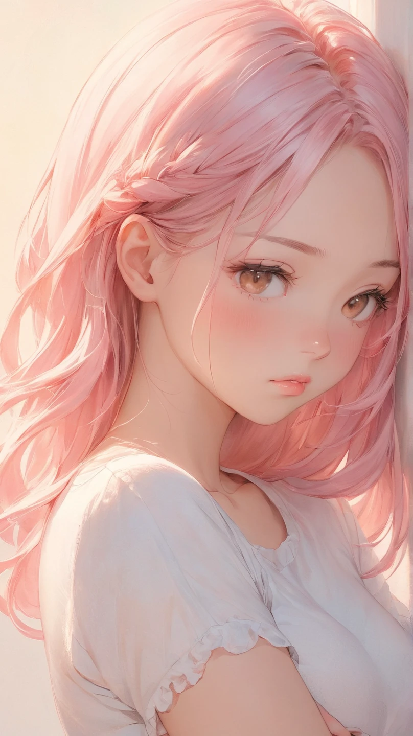 (masutepiece),(Best Quality:1.1),(Ultra-detailed),Best Illustration,finely detail,(Portrait:1.1),(intense close-ups),watercolor paiting)floating,1girl in,Solo,13 years old,slim,(extremely delicate and beautiful face),(Detailed beautiful eyes),pink thick lips,(disheveled hair),(Wearing a pink baggy T-shirt),Soft and lazy,(Simple background:1.2)All-color backgrounds,Clear,4K