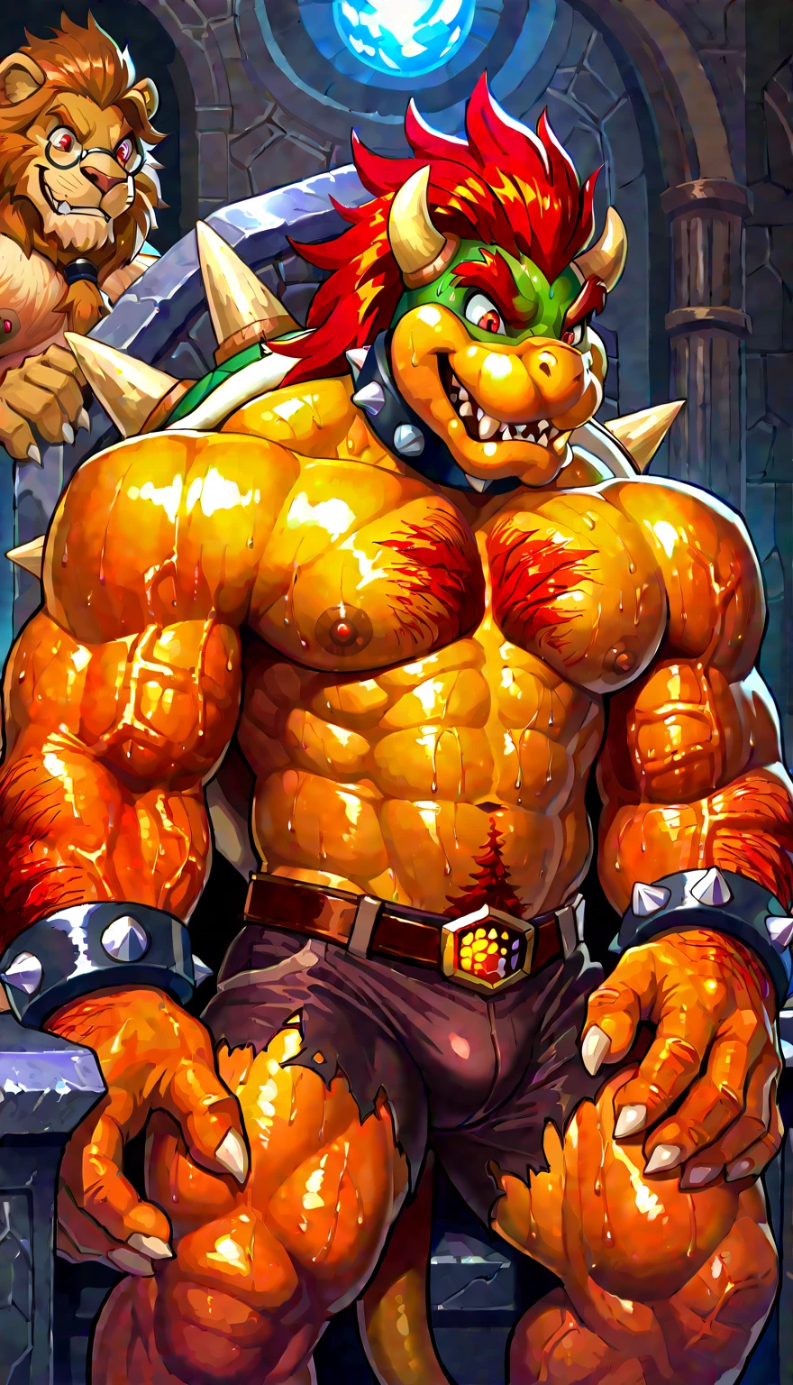 hyper muscular bowser, two arms, wearing a leather harness, battle-worn, vascular, aggressively flexing, hyper penis, erect penis, big balls, Blizzard Entertainment, detailed skin, skin blemishes, Warcraft, background ruined castle, background cinematic Hollywood movie style, light depth of field, vignette, highly detailed, high budget