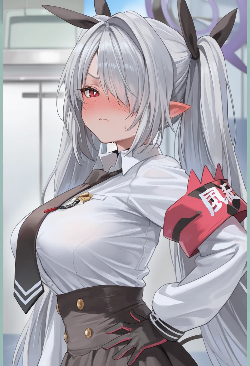 NSFW,(One girl:1.5),miorine1、miorine rembran、Asticasia uniform、solo、Long Hair、Grey Eyes、Grey Hair、Ahoge、Seamed legwear、green micro mini skirt、tie、bangs、Hair between the eyes、Black Pantyhose、Long sleeve、Green jacket、Floating Hair、赤いtie,(Perfect hands),(Perfect Anatomy),(masterpiece),(Highest quality),Embarrassed,blush,(train:1.5),(Being molested:1.5),(Sexual pleasure:1.5),Have patience,Are standing
