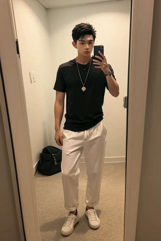 (absurderes, A high resolution, Ultra detailed, hdr), Masterpiece, Best quality, Portrait of a boy, Handsome boy with red eyes, Detailed face, Professional photo, The Alafed man is shirtless, Leaning comfortably，legs are open, (puffynipple(From below:1.1)), Focus on your audience,18 year old boy, Handsome boy, [ Firmly defined body ]，Burgundy shirt open，Abs，chest muscle，short white pants，large bulge，white shoe，On the street，