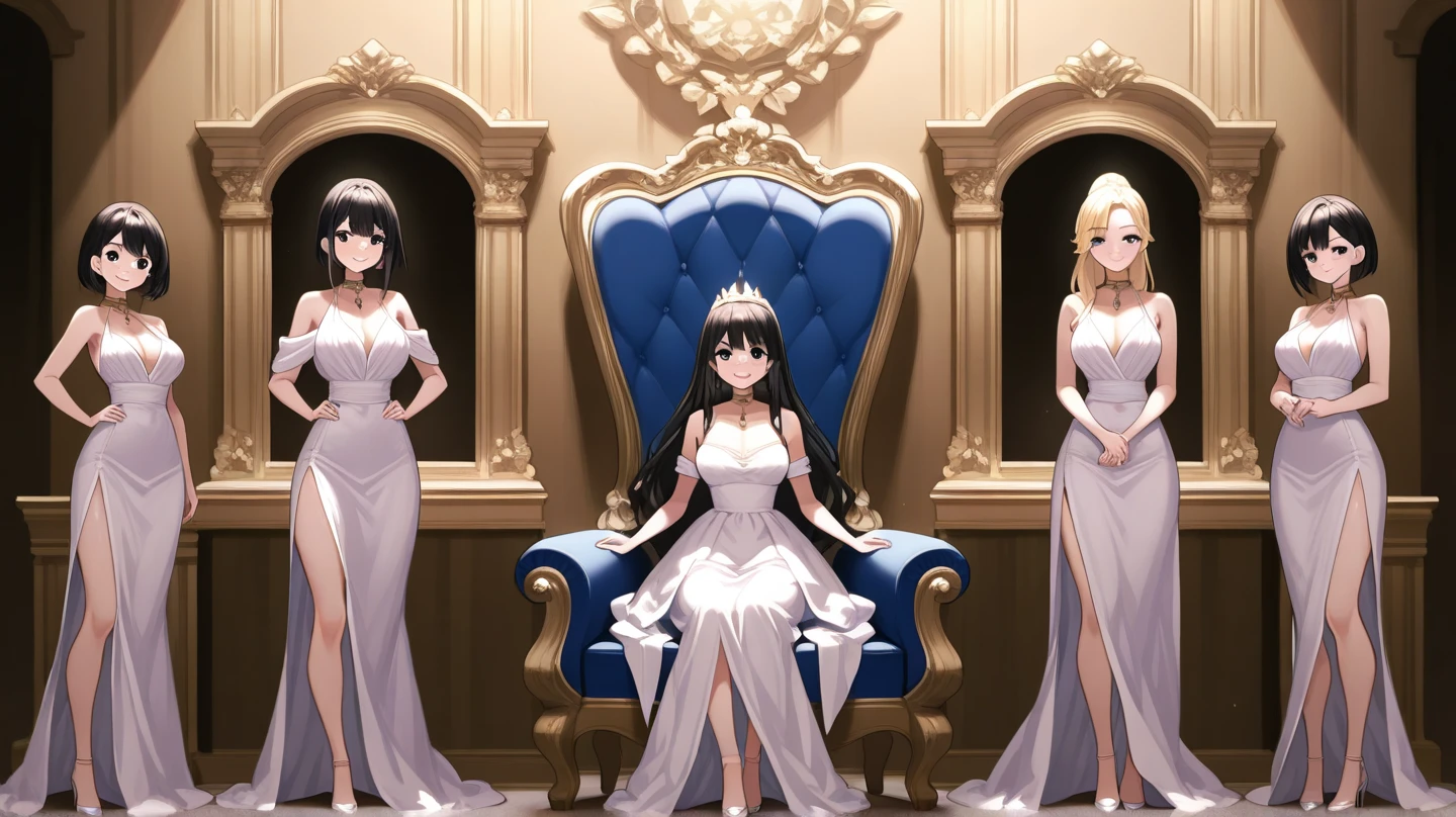 ((Masterpiece, highres)), ((thousands of, crow of)), sisters, group, identical sisters, ((one brown haired girl, one blonde girl)), long hair, curly hair, matching hairstyles, different hair color, confident, elegant, rich girls, emotionless, arms at sides, straight backs, (((matching outfits, identical outfits, purple dress, elegant dress, strapless dress, shoulder length white gloves, opera gloves))), standing in formation, many rows of sisters, shoulder to shoulder, same pose, mansion, upper body
