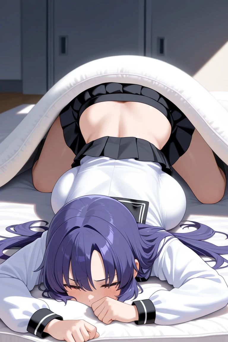 masterpiece, best quality, traditional media, dogeza, Kubo, 1girl, solo, (nude:1.1), blush, purple eyes, purple hair, clothes removed, panties, bra, folded clothes, shoes, boots, naked <lora:kubo:0.8> <lora:Concept-dogezaV5-000007:0,7>