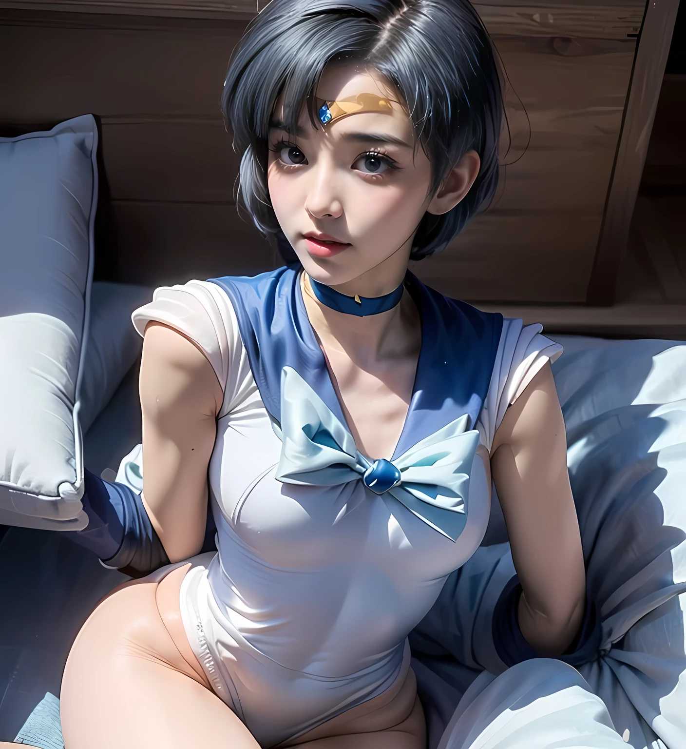 Masterpiece, Ultra Detailed, 1girl, Smile, Delicate Facial Features, Breasts, Gloves, Lips, Solo, Sailor Mercury, Blue Eyes, Smuniform, Mer1, Tiara, Sailor Senshi Uniform, (RAW photo, best quality), Masterpiece, Ridiculous, Sexy, Floating Short Blue Hair, Blue Sailor Collar, Bow, (Over-the-Knee Boots: 1.1), Choker, white gloves, blue choker, elbow gloves, jewelry, earrings, blue skirt, sole, full body, blue hair, (perfect hand drawn): 3.8, octane rendering, home environment, sitting on sofa, throw pillow, sunset shining into the room from the window