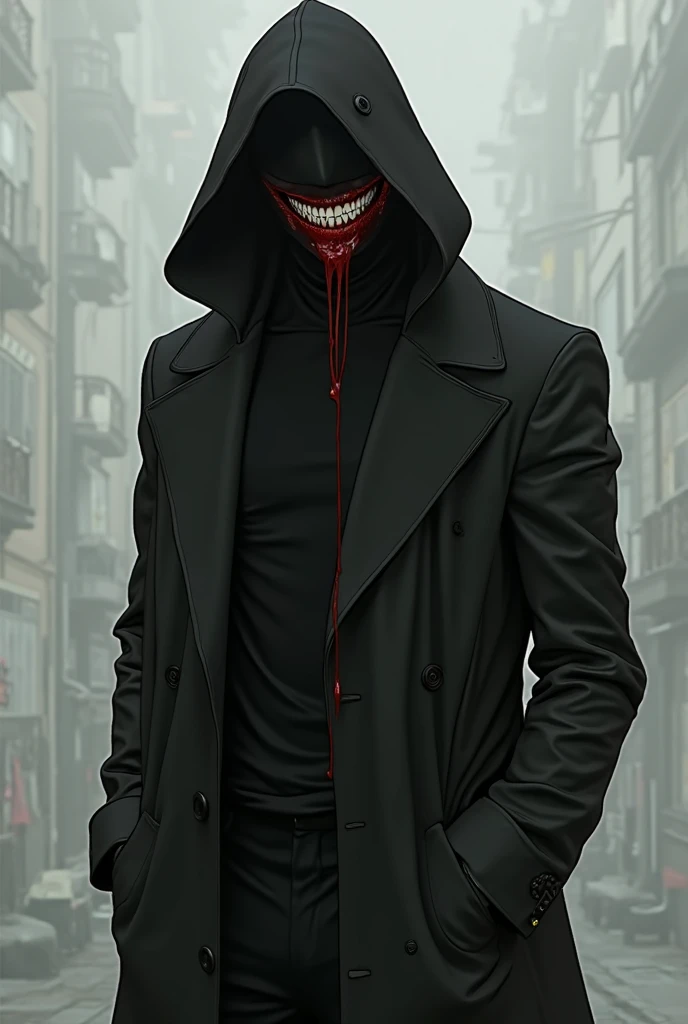 Capture of my hero academy villain with black jacket, red shirt and black pants with a smiley face mask with white hair and honey-colored eyes 