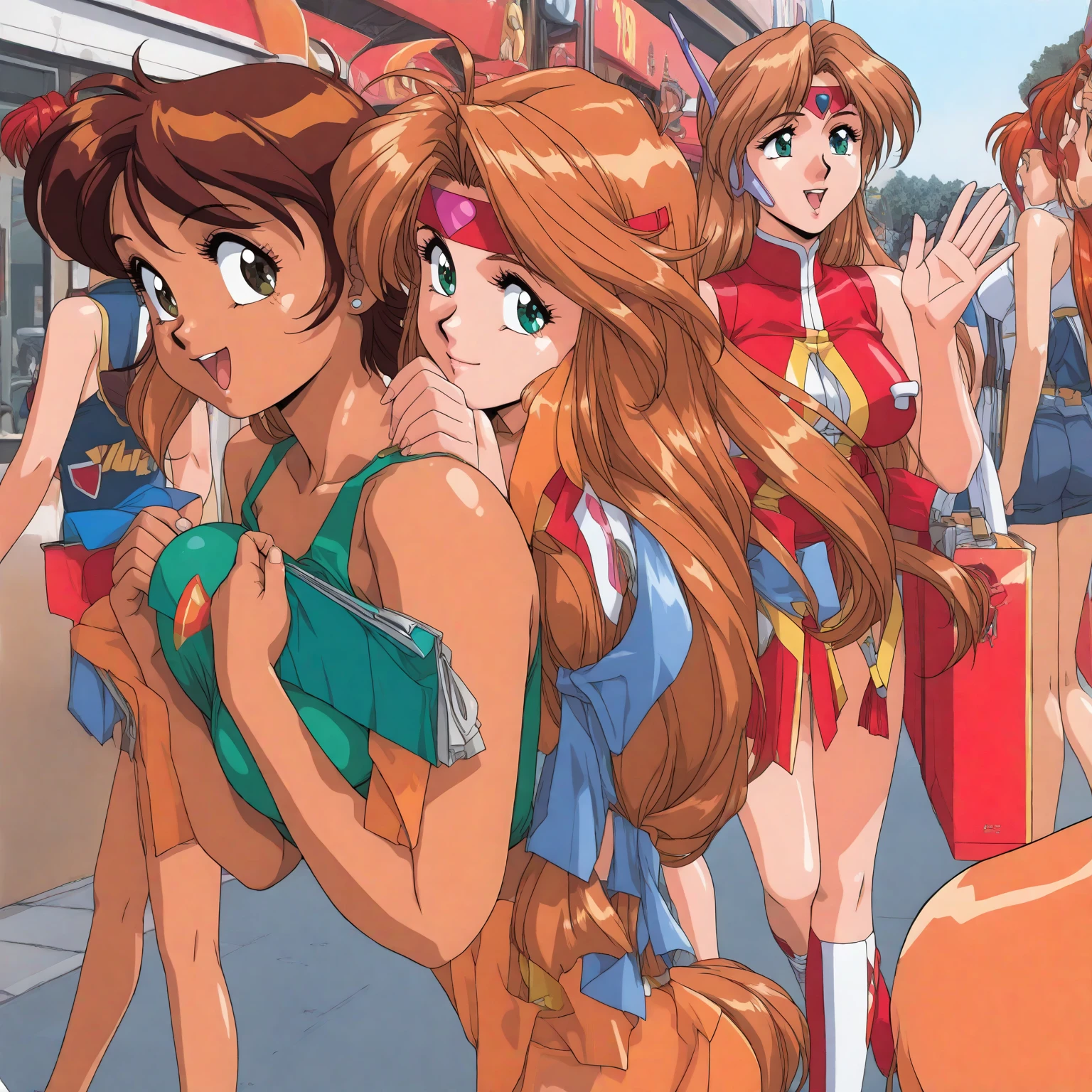 a close up of two women in bikinis standing next to each other, ikki tousen, style of masamune shirow, by Masamune Shirow, manga and anime 1990 high detail, gainax anime style, studio gainax illustration, 9 0's anime, 90's anime, 9 0 s anime art style