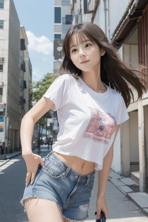 Browsing Caution,Highest quality,Ultra-high resolution,Japanese Girls,Beautiful Face,double eyelid,Bob Hair,smile,teeth,Logo T-shirt,Denim mini skirt,Inner thighs,White skin,Thighs,sit,Nipples are prominent,Transparent panties,street