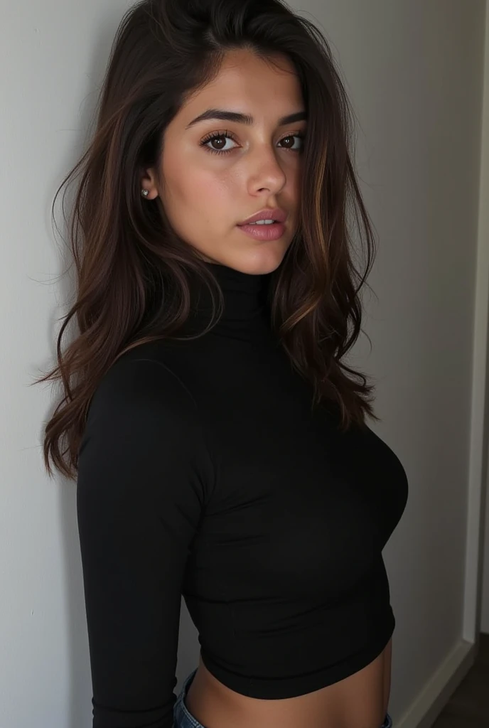 best quality, masterpiece, (realistic:1.2), 1 ultra hot woman, waist up pose , upper knees pose , adult movies actress , onlyfans model actress ,front view, realistic skin texture , curtain fringe messy hair, brown messy hair, human skin imperfection, half-opened ripped sleeveless cropped turtleneck mini gray dress, big breast, facing the camera