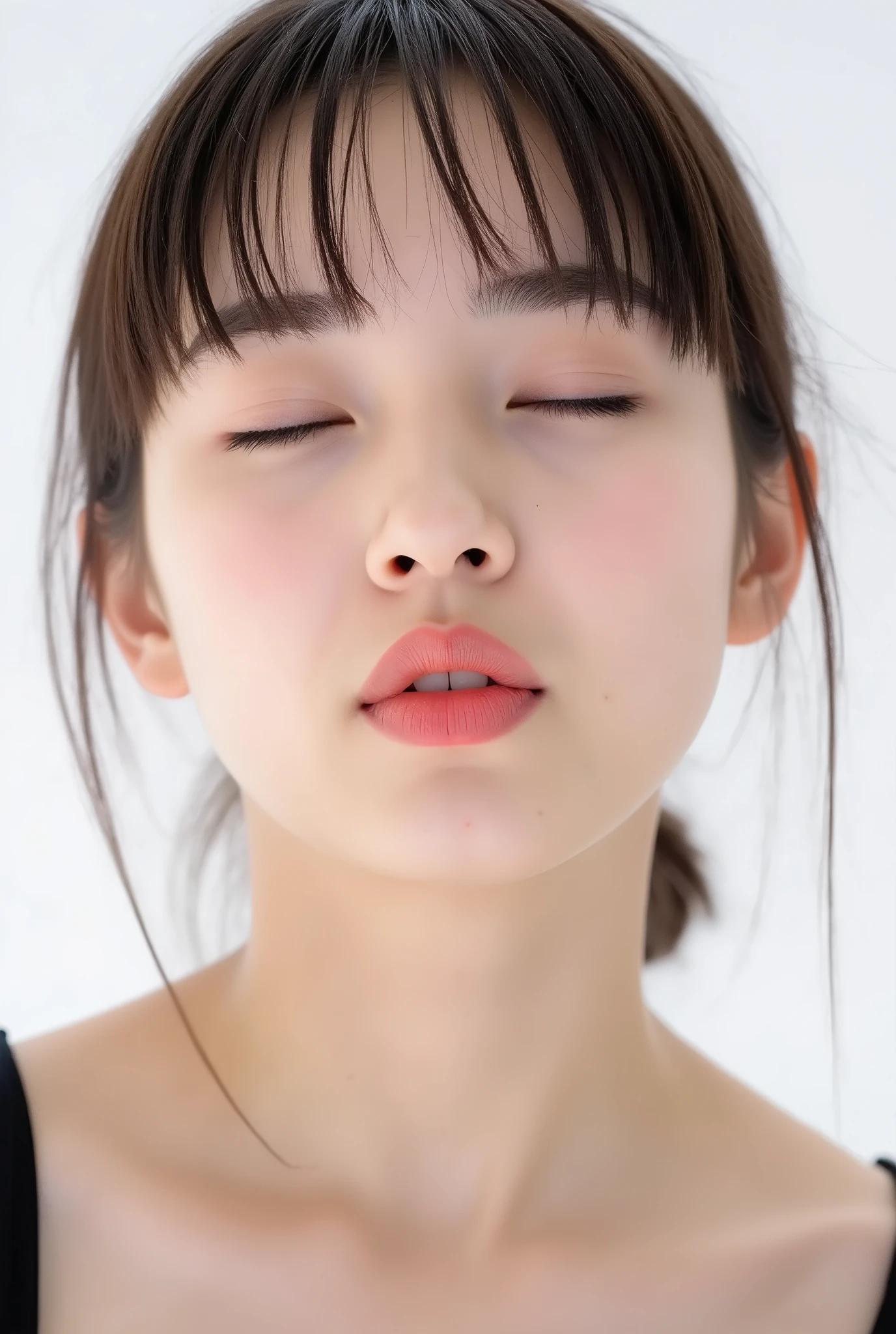 ultra-detailed close-up of a cute and beautiful young woman, collarbone-up composition, white studio background, soft diffused daylight, high-key exposure, clean and vibrant modern color grading, realistic smooth skin with visible pores and subtle peach fuzz, matte facial skin texture, slightly flushed cheeks and ears for a shy expression, big kawaii energy, soft facial features, full glossy lips in a rounded O-shape kiss, lips protruding with intense shine and shimmer, vibrant cherry pink lip gloss as the only makeup, chin gently raised with a subtle upward stretch, camera angle from 35–45 degrees above, face and head perfectly framed, dreamy euphoric smile with eyes gently closed, black camisole strap visible, soft head tilt, hands behind the back and out of frame, ultra-soft background bokeh and facial contour blur to emphasize lips, longing expression, dere-dere mood, cute and loving aura, subtly tilted mouth for added sweetness, youthful and modern hairstyle with airy light layers
