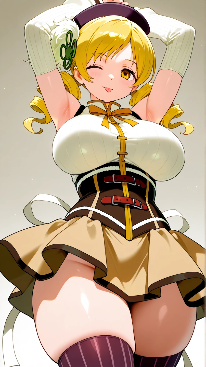 tomoe mami, big breast, white panties, blonde hair, drill hair, skirt lifting, kind smile, blush, from below