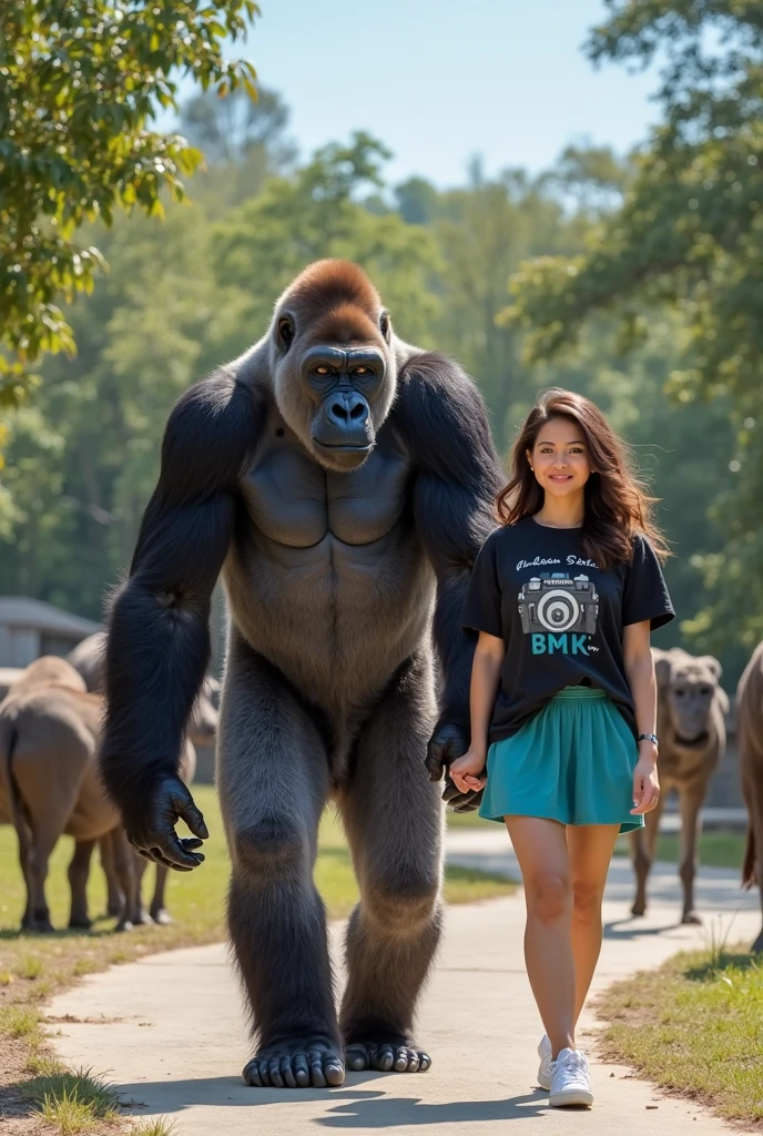 A black fat bear is sitting with a boy. Looks like they are boyfriend girlfriend. They are sitting in a park