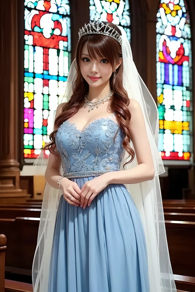 (Top image quality), masterpiece, (photographrealistic:1.5), 8K picture quality, 1 beautiful girl, full bodyesbian, (huge tit:1.4), A dark brown-haired, brown-eyed, frontage, finerly detailed face, beautidful eyes, Look at viewers, a smile, break, Wearing silk blue and silver wedding dress, Dresses with deep slits、Standing in a beautiful church, holding a bouquet of flowers with both hands, sixteen years old, (ulzzang-6500-v1.1:0.1)