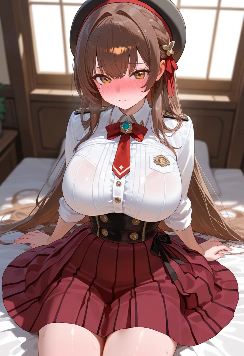 a woman in red and white is sitting on a bed. the person has horns and eyes, 1girl,big breasts, breasts, thick, thick thighs, solo, long hair, sitting, horns, skirt, red eyes, large breasts, off shoulder, shirt, looking at viewer, red skirt, white shirt, jacket, brown hair, picture frame, necktie, bangs, closed mouth, sleeveless, indoors, very long hair