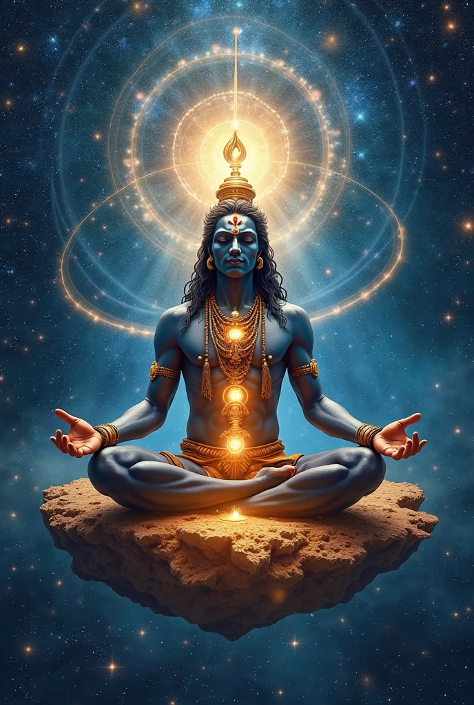 Human like Shiva and tilok neon and background blue in seat position 
