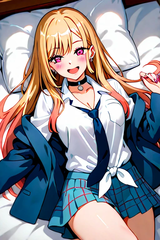 masterpiece, high quality, highres, 1girl, solo,
ChopioRuby, red eyes, blonde hair, long hair, side ponytails, sidelocks, (mismatched pupils, star-shaped pupils), (looking at viewer:1),
smile, medium breasts, bedroom, pillow, bed, bed sheet, on bed, on back, from above, head on pillow, 
school uniform, uniform2, shirt, bow, jacket, white shirt, collared shirt, bowtie, red bow, blazer, blue jacket,
