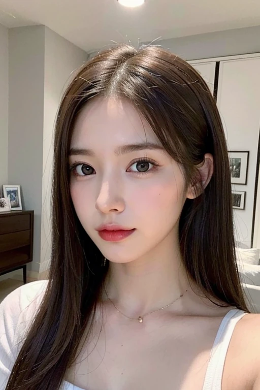 (Realistic Face, High Resolution: 1.3)
1 woman, a 26-year-old stunning Korean beauty, emphasis on long, wavy hair: 1.2, solid body with big bust: 1.2, light brown, large eyes that sparkle: 1.4, clean, radiant skin: 1.4, tops that reveal her figure: 1.2, sitting in a cafe: 1.2, good posture: 1.5, detailed face and eyes: 1.3, bangs falling softly onto her forehead: 1.2