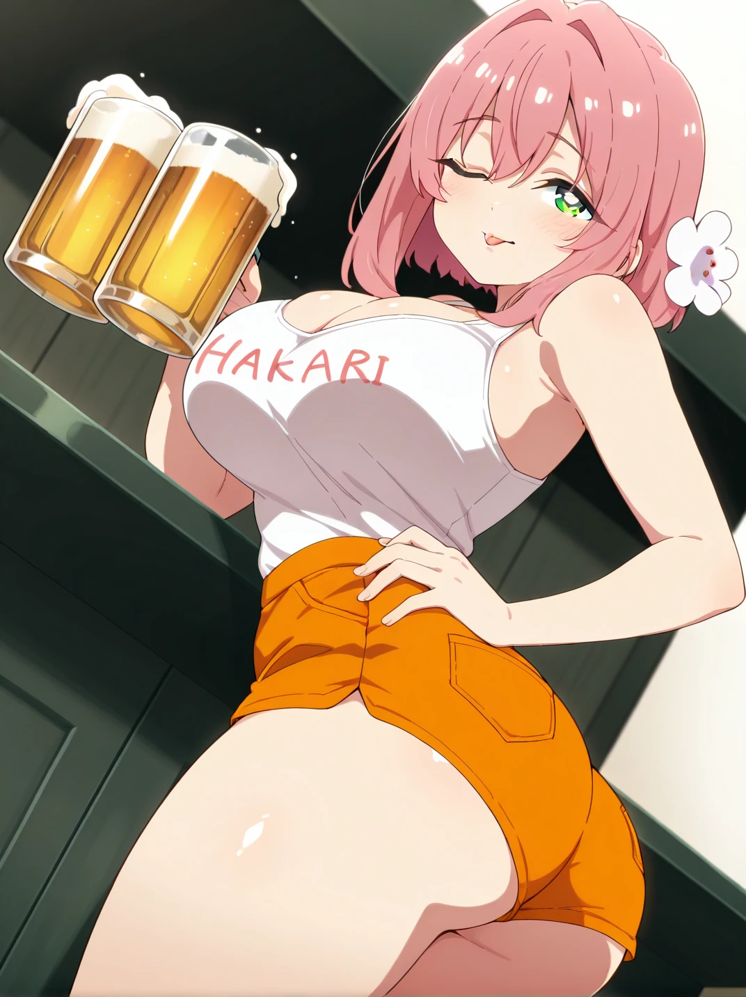 Imagen estilo anime NSFW de una chica en una taberna usando un miko outfit muy corto sus bragas rojas y su gran culo son notorios y esta sosteniendo unas jarras de cerveza en ambas manos