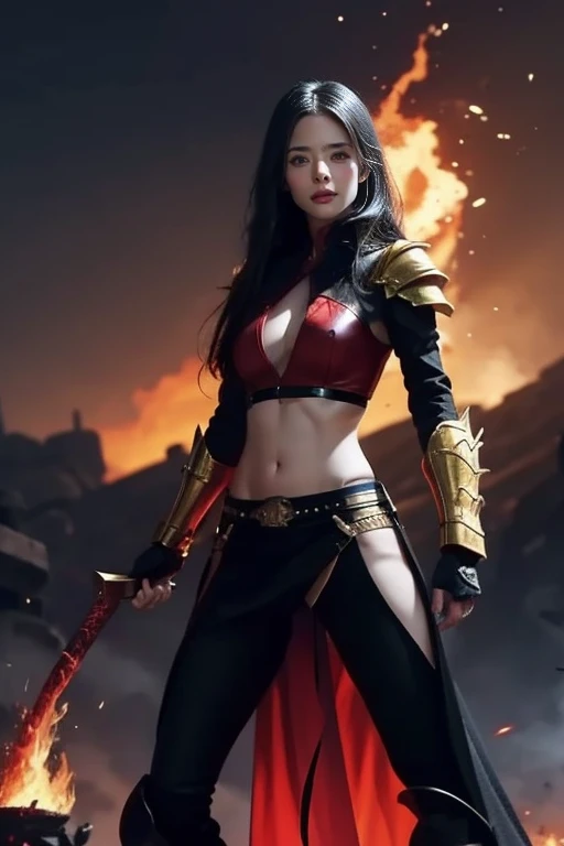 best quality,masterpiece,Ultra-high resolution,photoactual:4:0,God Cultivation World,dark clouds all over, tornado,Iron Fan Princess,long flowing hair,Handsome and handsome face,sharp eyes,Big breasts,thin waist,Charming and slender,Wearing a stunning red and black outfit,Holding banana leaf(Giant banana fan)
