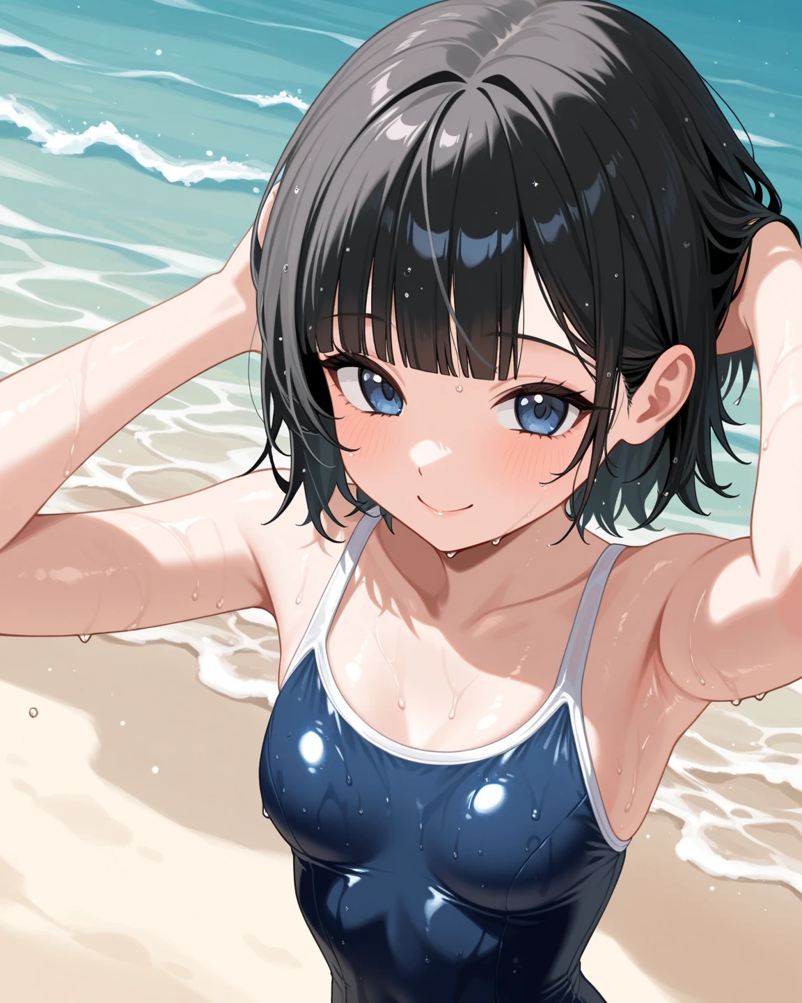 (Master quality)(Anime Style)(RAW Photos)High detail, Very detailed, Ultra HD Beautiful girl with short black hair having fun on an open beach, Surrounded by natural beauty, The warm sun shining on her, Sway gently in the breeze, Creates a playful atmosphere(Official Gravure)(Close-up shot 1.5)School Swimsuit