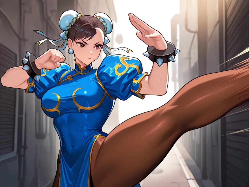 csr style, cutesexyrobutts style, muted pastel colors, medium breasts, Chun-Li,  Chun-Li, the iconic character from the Street Fighter video game series, stands at the forefront of the composition. Her dynamic pose suggests imminent action—a leap or a powerful kick. Here’s a breakdown of the details:

Character Description:
Chun-Li: A strong, agile fighter, Chun-Li is instantly recognizable by her signature blue qipao (a traditional Chinese dress) with golden accents. She embodies grace and power.
Costume: Her qipao features slits on both sides, allowing  of movement. The fabric flows around her as she prepares for combat.
Footwear: White boots with similar side slits complete her ensemble, emphasizing practicality and style.
Hairstyle: Chun-Li’s hair is styled in “ox horns,” two high buns adorned with white ribbons. Golden hairpieces resemble spiked bracelets, adding flair.