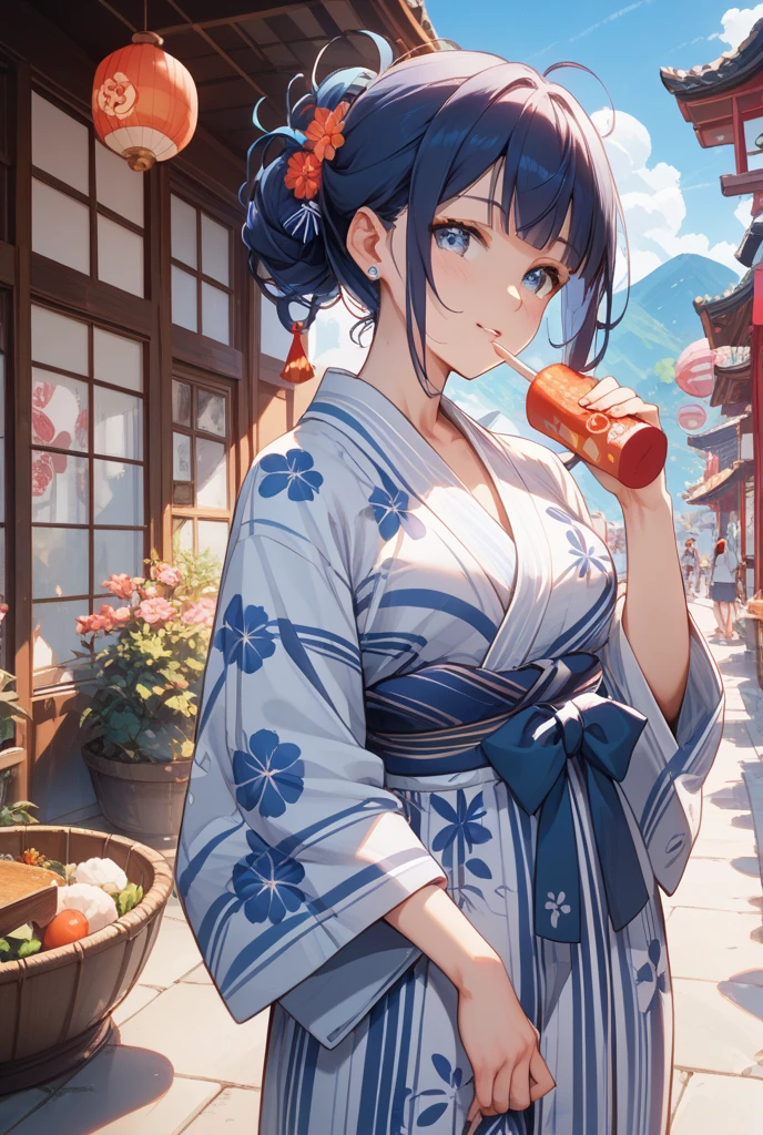 最high quality、Best image quality、masterpiece、With a girl((cute、20-year-old、Best Bust、Medium Bust、Beautiful Blue Eyes、Spread your chest wide,Black Hair、ponytail、Disheveled Hair、thin、Highest Valley、Red yukata、smile、Beer を持つ、Drunk))high quality、Beautiful art、background((night、festival、stall、Fireworks、Beer )),Tabletop、Exquisite design、Visual Arts、Written boundary depth、Best lighting、Highest detail、8k