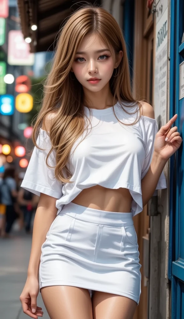 (((Open Stance)))、 ((White lace T-shirt)), Gazing at the audience、((White shorts))、Standing with legs open to the sides、((Sexy young woman&#39;Body:1.4)),