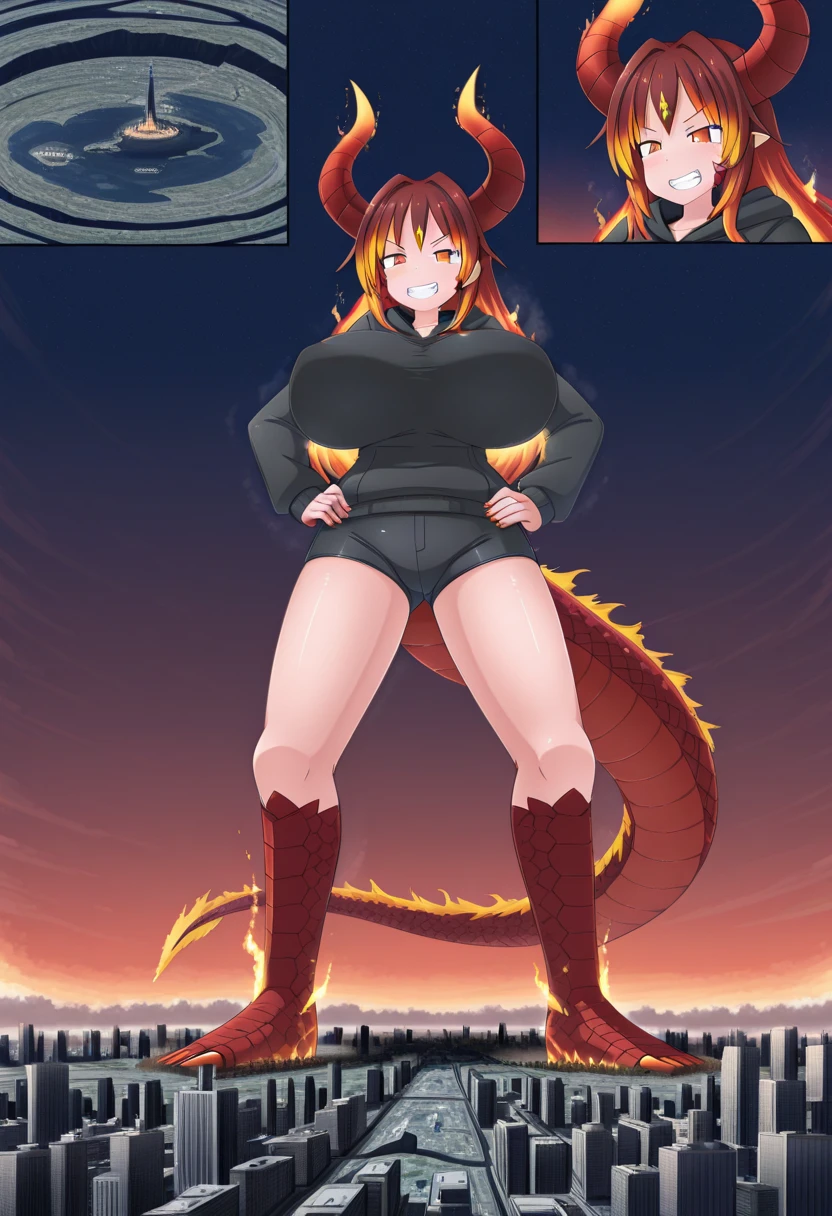 Solo, 1Female, ((Dragon Girl Demihuman)), Crimson Hair Colour, Long Unruly Hair, (Red Dragon Horns), Beautiful Face, Large Breast Size, Toned Feminine Body, ((Long Dark Red Fingernails)), Wide Hips, Thick Squishy Thighs, Plump Shapely Butt, (Large Crimson Dragon Tail,) ((Dragon Scales on Arms)), Denim Overalls, White T-Shirt, Standing in Farm Field, Protective Expression, Eyebrows Furrowed, Soft Blush, Hand on Hip, Beautiful Lighting, Perfect Anatomy, Perfect Hands, Masterpiece
