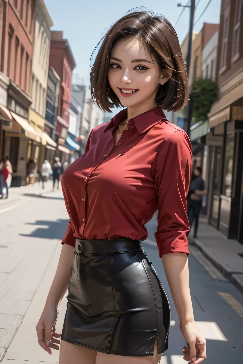 (masterpiece, Top Quality, high resolution, surreal, perfect pixels, realistic, 4K), 1girl, solo, beautiful face, mature, dark brown eyes, eyelashes, realistic eyes, grin, perfect teeth, perfect body, necklace, big breasts, ((red collared shirt, black tight miniskirt)), standing, Excellent, (cowboy shot), (background: main street)