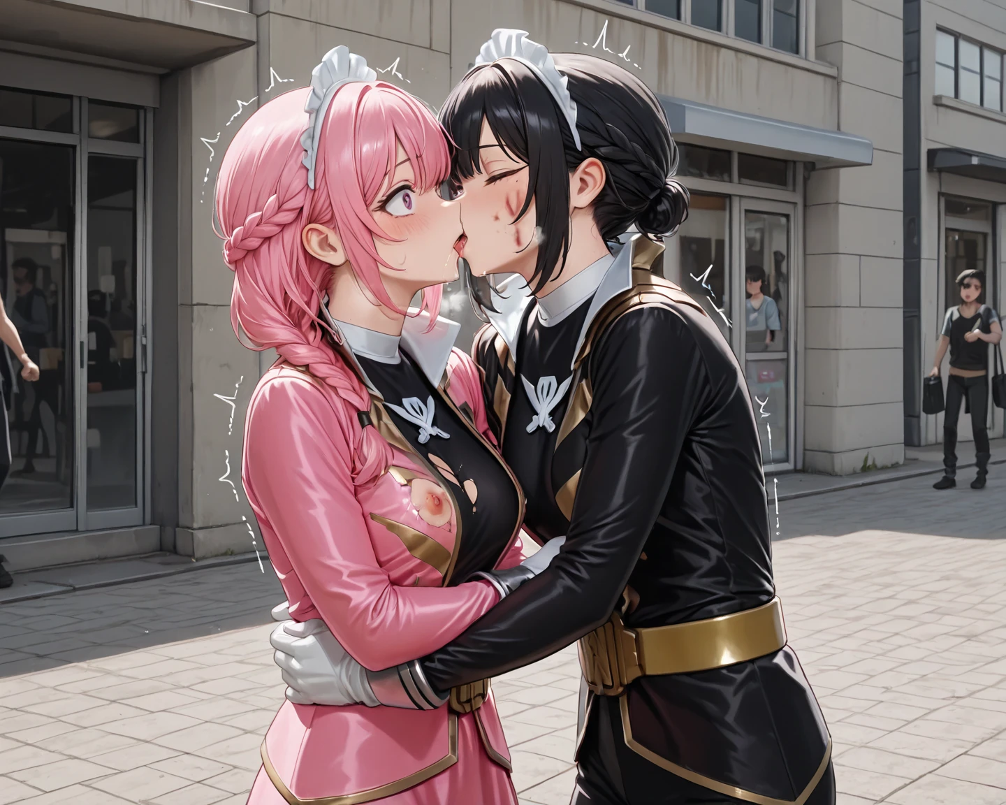 There are two women next to each other on a bench, beijando juntos fofos, beijos juntos, lesbian kiss, Nixeu e Sakimichan, beijando-se, 2 b, 2b, Ayami Kojima e Lyde Caldwell, Duas mulheres se beijando em um carnaval, Beijar, KDA e Sam Yang, lesbian embrace, Hidari e Vlop