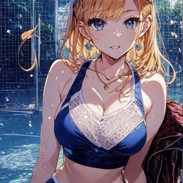 ai hayasaka, bangs, blue eyes, blonde hair, hair ornament, hair between eyes, sidelocks, side ponytail, scrunchie, hair scrunchie, blue scrunchie, (masterpiece, highest quality, best quality, official art, beautiful and aesthetic: 1.2), (1girl), extremely detailed, (fractal art: 1.3), colorful, highest detailed, perfect face, upper body, HDR, bright colors, standing, breast focus, breasts, huge breasts, bare breasts, boob window, sexy, detailed blue eyes, detailed face, detailed eyes, perfect face, perfect eyes, breast window, (full body), wet, sweat, glistering wet skin, pool, jacuzzi,