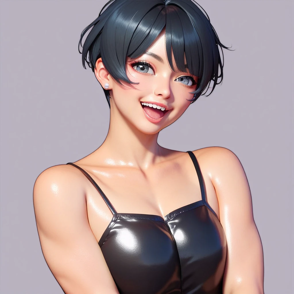 1girl, (dark_skin:1.2), black_hair, (sharp_teeth:1.2), short_hair, smile, solo, teeth, small_breasts, ponytail, blue_eyes, <lora:CenterOpenningVirginKillerSweater:1.0> black virgin killer sweater, beautiful, (masterpiece:1.2), (best quality:1.2), perfect eyes, perfect face