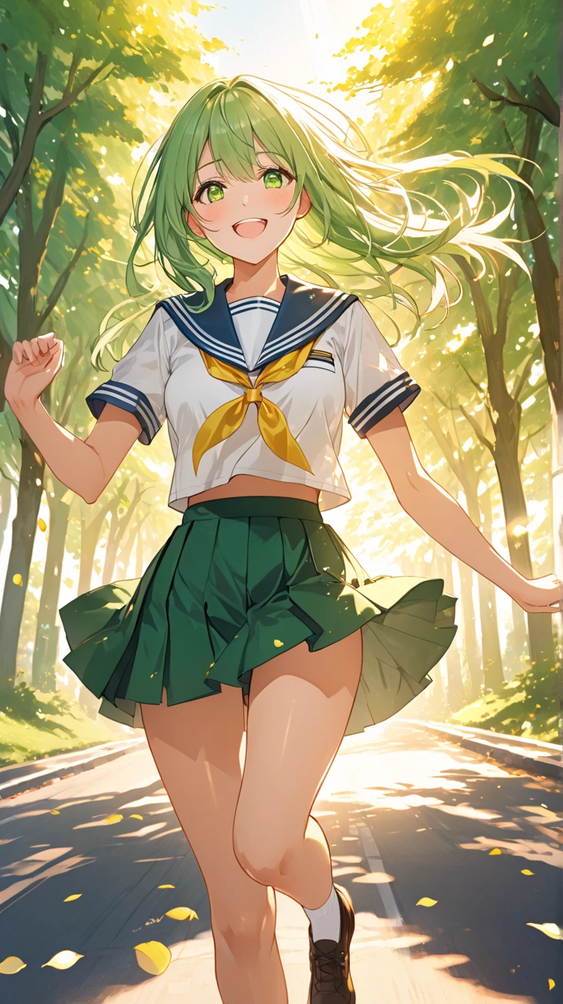 Green curl hair,Green eyes,Parker,flared skirt,mini skirt, Green panty,smile,Forest,cute