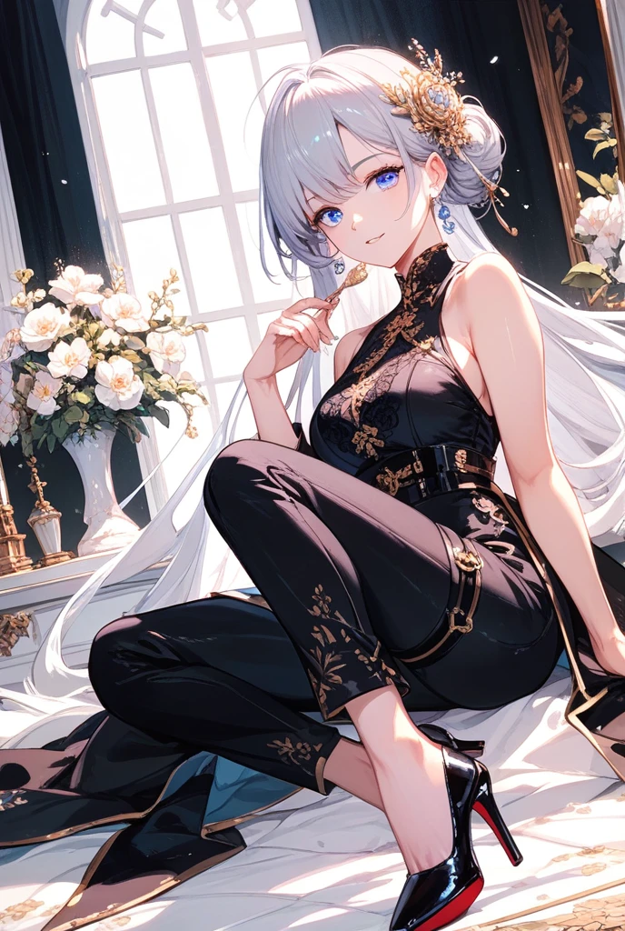 (masterpiece), best quality, expressive eyes, perfect face, 1 girl, (short white hair), (sitting), (elegant dress), (long black dress), (black dress), gold trim, sexy, turquoise eyes, black background