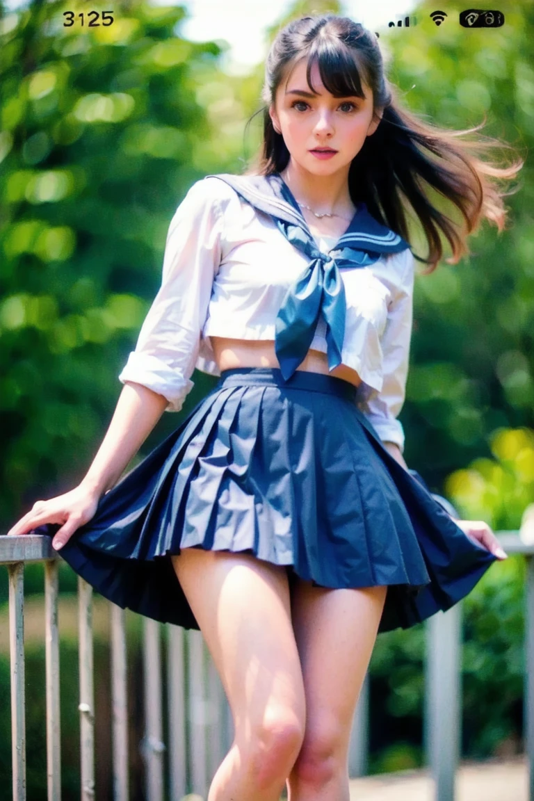 (RAW Photos:1.2), (Realistic), Beautiful detailed girl, Very detailed eyes and face, Beautiful fine details, Large file size, High resolution, Very detailed, highest quality, [Tabletop:1.6], figure, Very detailed, The finer details, highest quality, 8k wallpaper, Cinema Lighting,15 year old female student, A strong wind blows from below, Lifting the skirt to reveal panties., going down the stairs, Surprised expression, shirt, White panties, At the top of the stairs, The skirt of the uniform is rolled up, sunny day, Skirt fluttering in the wind, ,  Long hair blowing in the wind, The body is slim, Young Face, Small breasts, Exposed panties