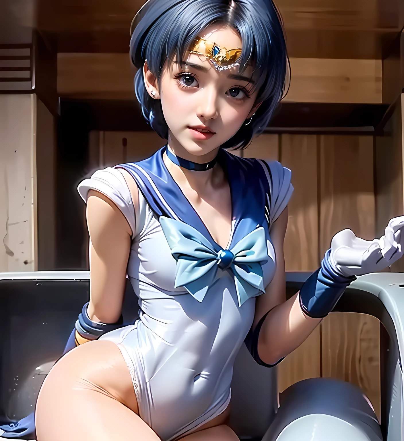 (((Sailor Mercury))), Bluish short hair, blue elbow pads　White long gloves, (Sailor Warriors　Sailor Warriorsのコスチューム:1.47), (The leotard is white:1.7), Blue collar, sailor suit ribbon, The costume is tight against the skin, middle School girls, (blush), ((Slender figure　Beautiful Skin)), Highest quality, High resolution, masterpiece, (Beautiful ), (With a 30-year-old mafia man, penis: Complete limbs, (Mating pres, ((((penis enters vagi), (Beautifulh), Spread your legs, 1 Beautiful Girl, ((Binding, Restrained by rope:1.4)), Sailor Warriors fuck a guy fully clothed, ((h a cute little face)))