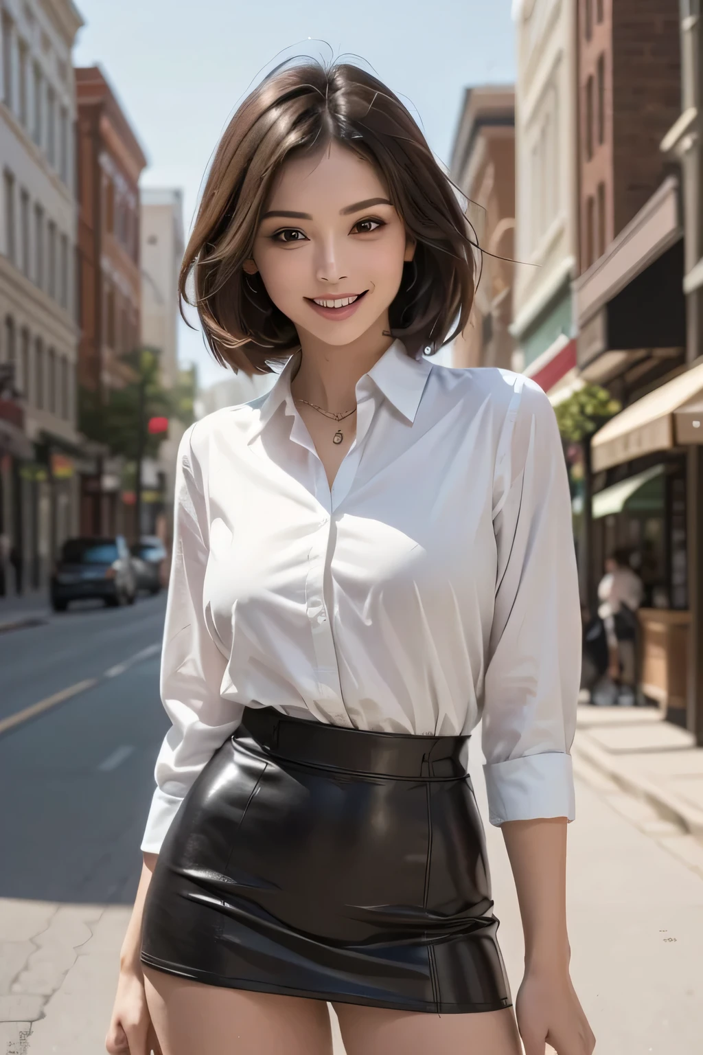 (masterpiece, Top Quality, high resolution, surreal, perfect pixels, realistic, 4K), 1girl, solo, beautiful face, mature, dark brown eyes, eyelashes, realistic eyes, grin, perfect teeth, perfect body, necklace, big breasts, ((white collared shirt, black tight miniskirt)), standing, Excellent, (cowboy shot), (background: main street)