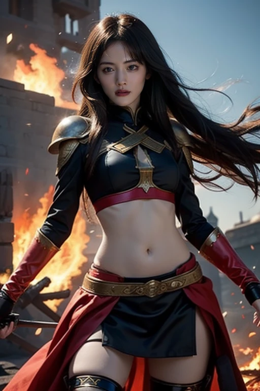 (masutepiece: 1.2, Best Quality), Realistic, (real picture, depth of fields), Best Quality, high detal, 1 girl, Female, 21years old, short golden hair,Blue eyes,Japan shrine costume,((There are wings of flame on the body))),(flame hair),(Tachibana crimson long hair),Orange Eyes,Purple cloak,slim figure,masterpiece,best qualtiy,film still dnd,(Floating in the sky),Warm and soft lighting,evening glow,(spark of light:0.7),Long curly wind blonde hair, milkyway,Rim Lights, beautiful artwork, Perfect composition,beautiful artwork,Xianxia Fantasy,ethereal fantasy,Lifelike,