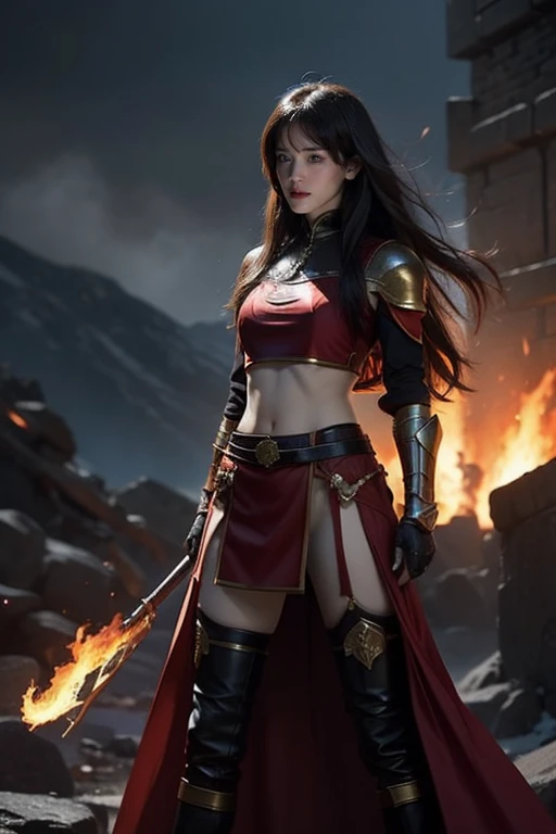 8K,Photorealsitic　Raw photography　top-quality;1.4) 　(1 adult female)　Super beauty　(Lifelike face)　long blue-black hair　Witch with glowing red eyes　Red and white aristocratic appearance　Red and white trousers　Golden decoration　glares　Equipped with a sword at the waist　Wearing black leather gloves　Ruins　Gwaitz style　realisitic　accurate detail　unrealengine　Beautiful expression　Details of each part　A red fireball glows in the palm of your hand(effect)　超A high resolution　A hyper-realistic　enticing　foot armor　real looking skin　Fantasy Emperor